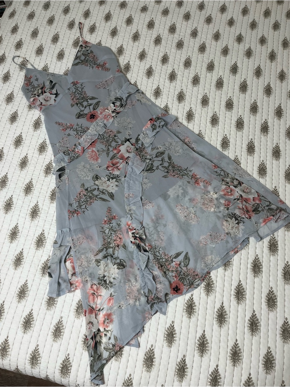 Floral Ruffle V-Neck Midi Dress - Light Gray